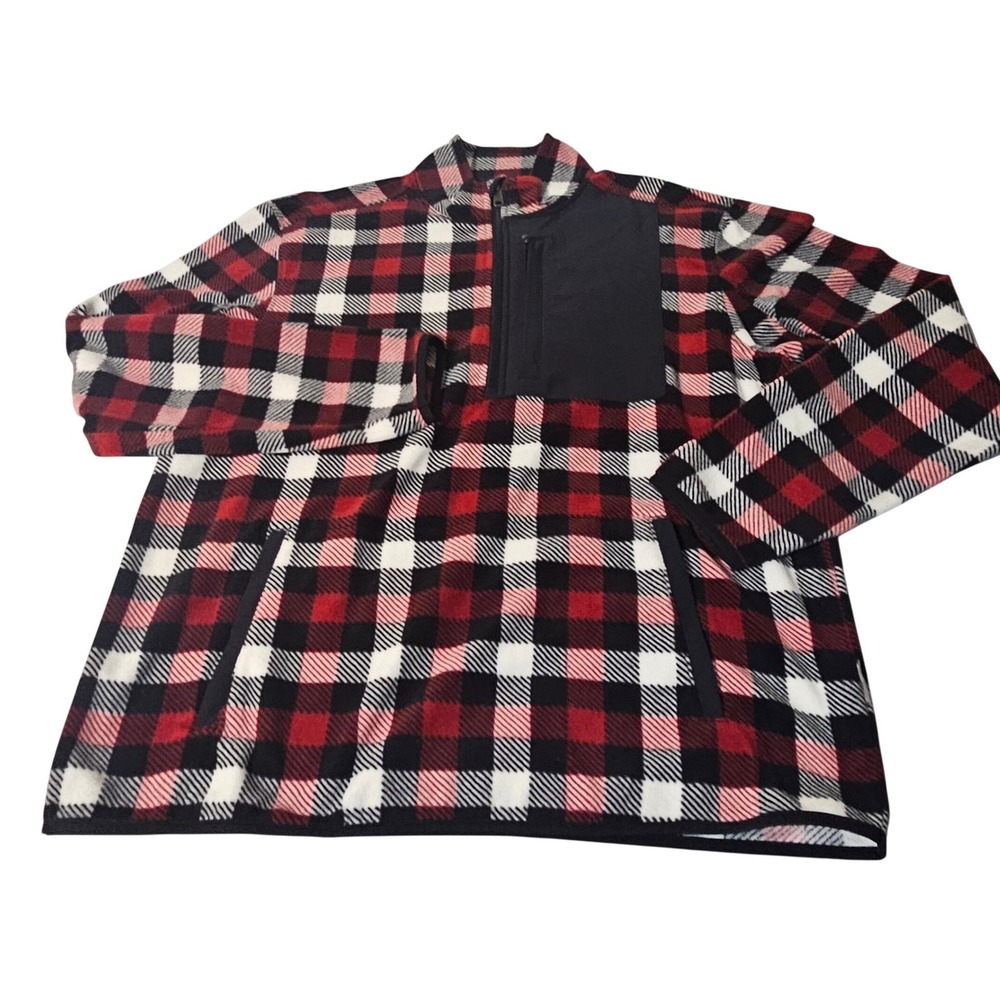 Duluth Trading Fleece Pullover Mens L Red Black Plaid Excellent 1/4 Zip Relaxed